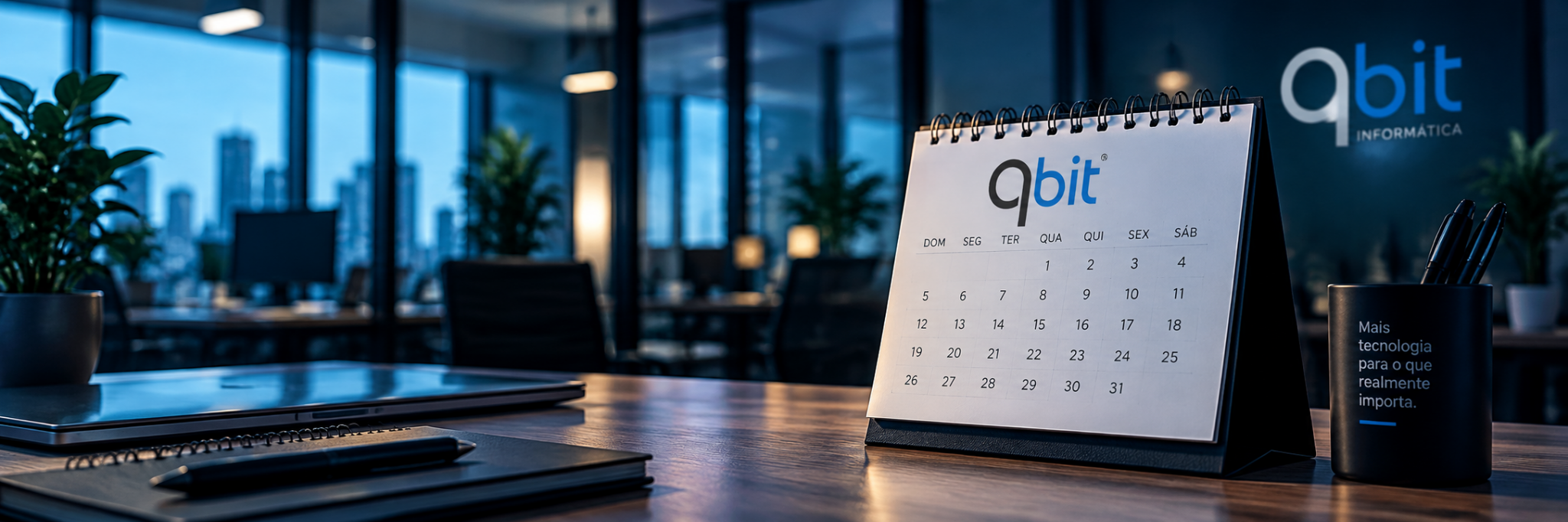 Ambiente corporativo QBit com calendário