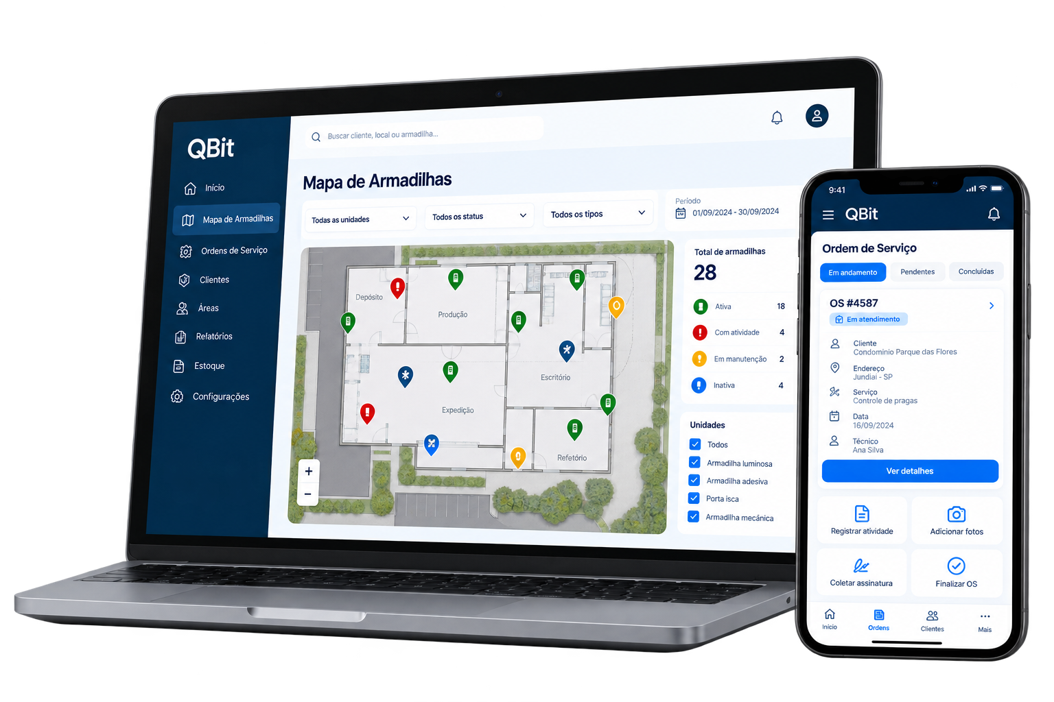 QBit ERP Pragas no notebook e celular