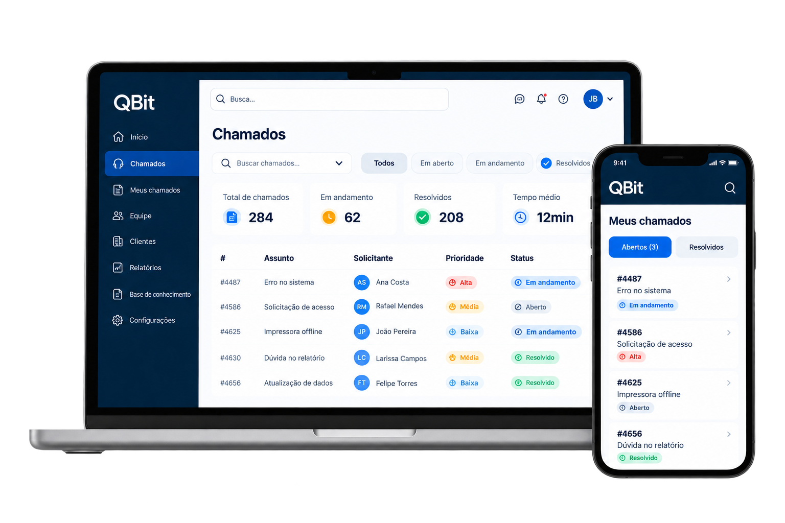QBit Help Desk em notebook e celular