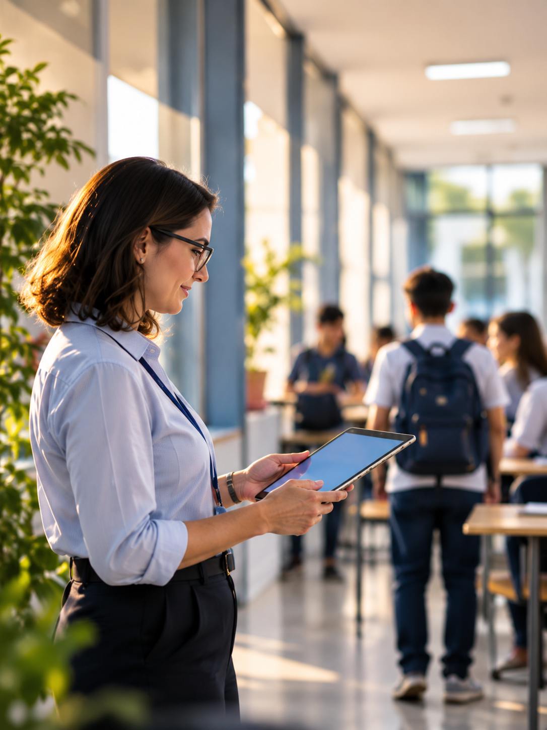 Profissional utilizando tablet em ambiente escolar