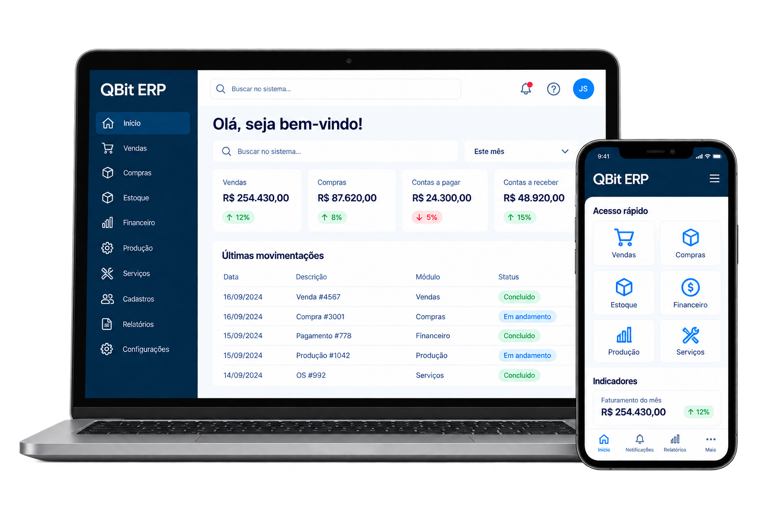 QBit ERP em notebook e celular