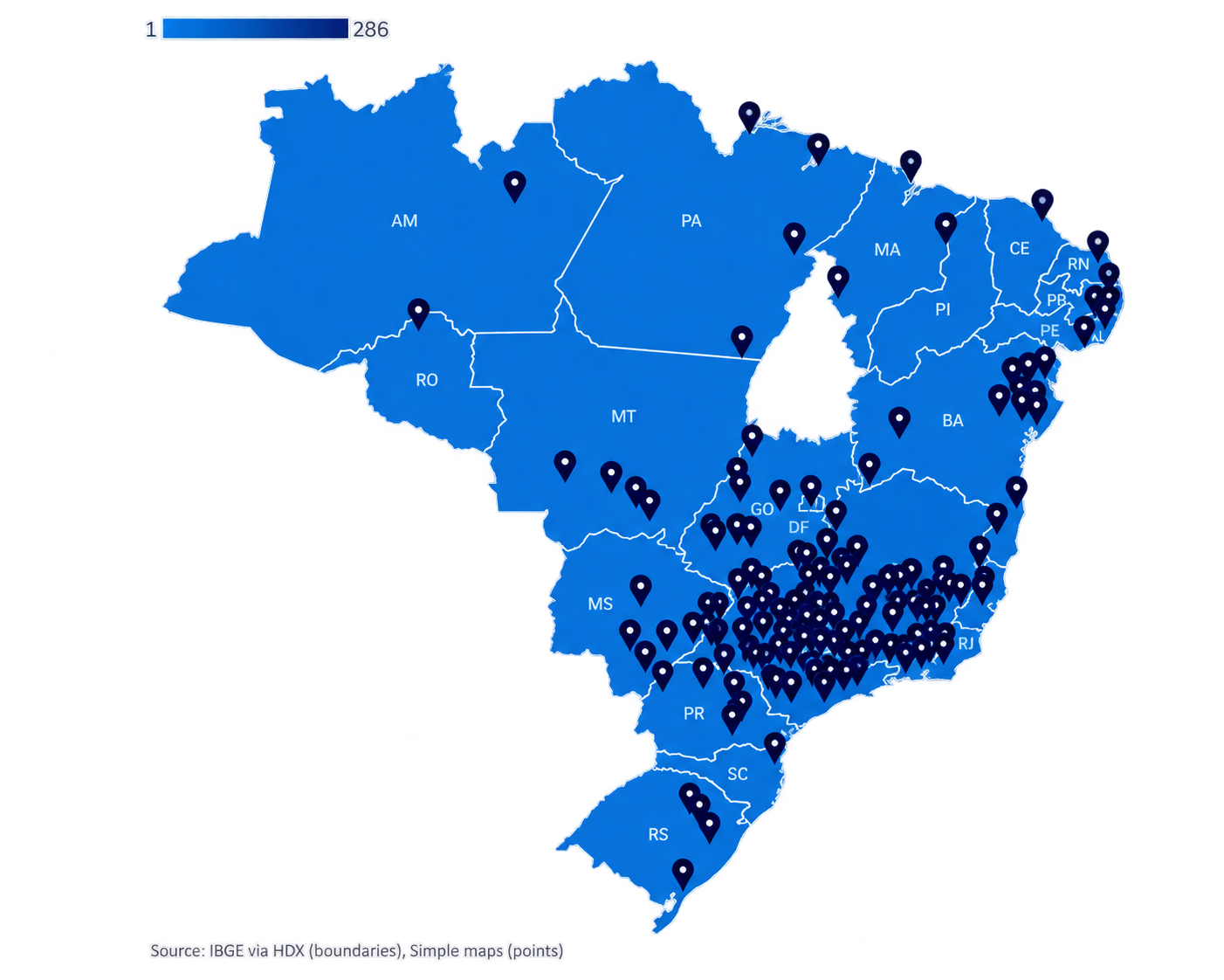 Mapa do Brasil com presença QBit