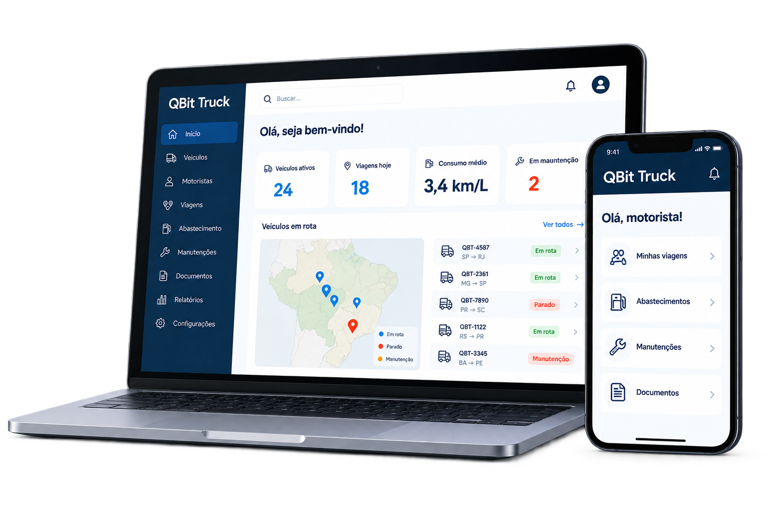QBit Truck em notebook e celular